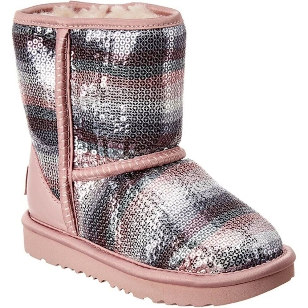 NEW UGG Kid Baby Classic II Sequin Rainbow Sheepskin Fur Lined Short Mid Boot